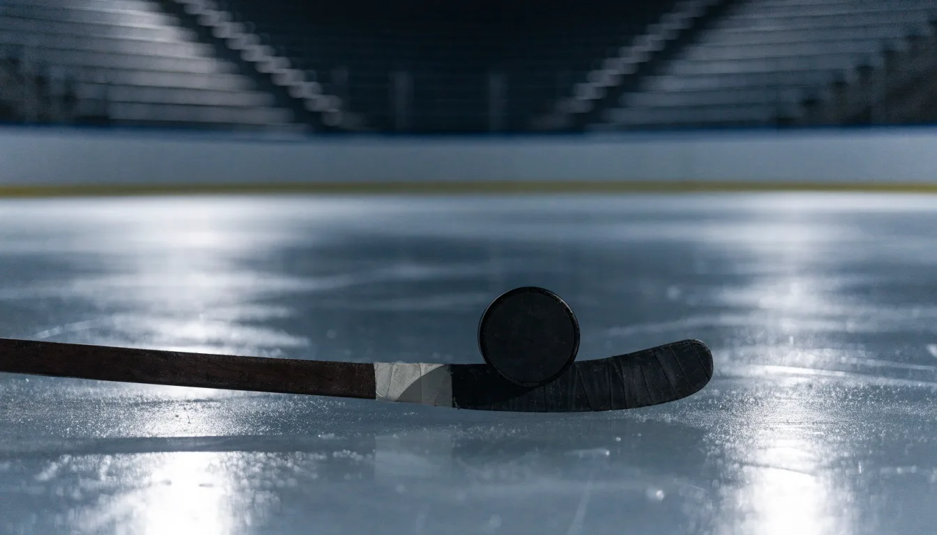 Ein Eishockeypuck und ein Schläger liegen auf einer glänzenden Eisfläche, im Hintergrund verschwimmen leere Banden.
