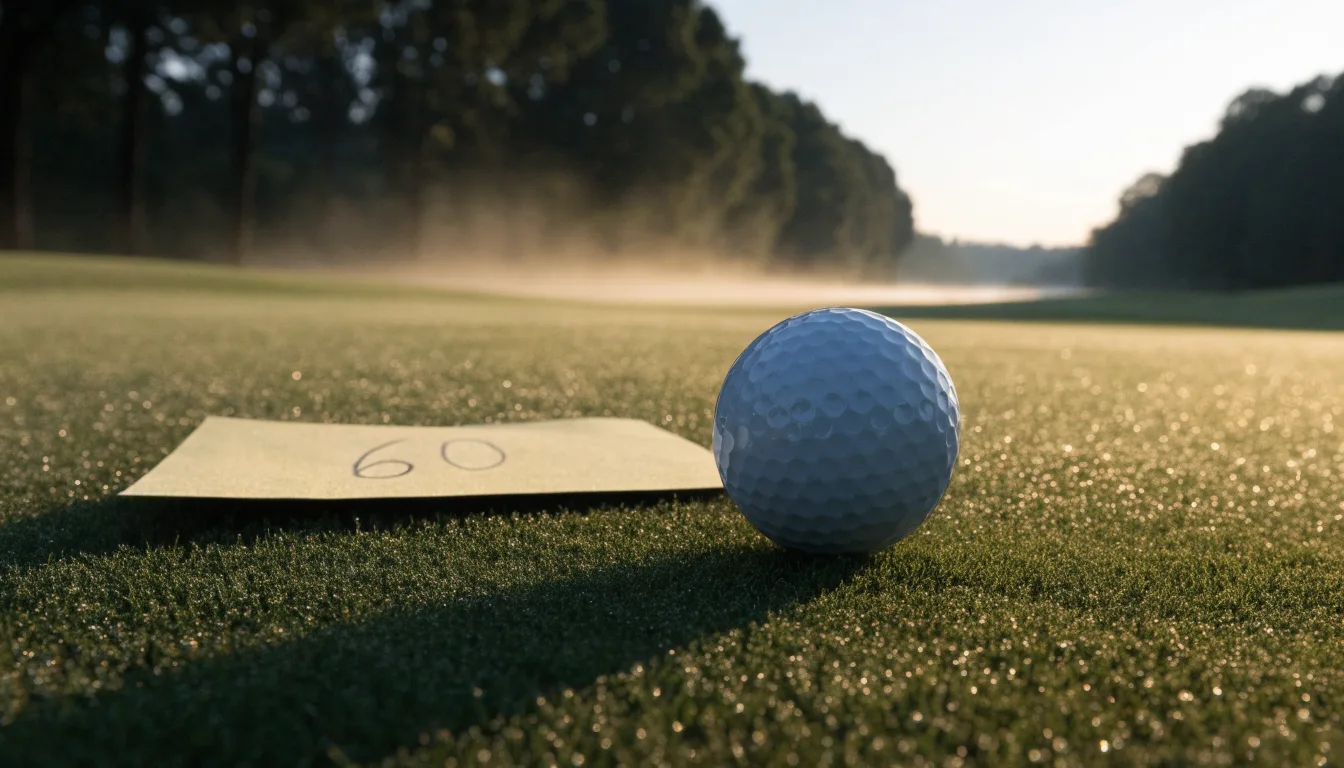 Ein Golfgrün bei Sonnenaufgang mit Tau auf dem Rasen, die Fahnenstange fehlt und im Hintergrund ziehen Nebelschwaden.