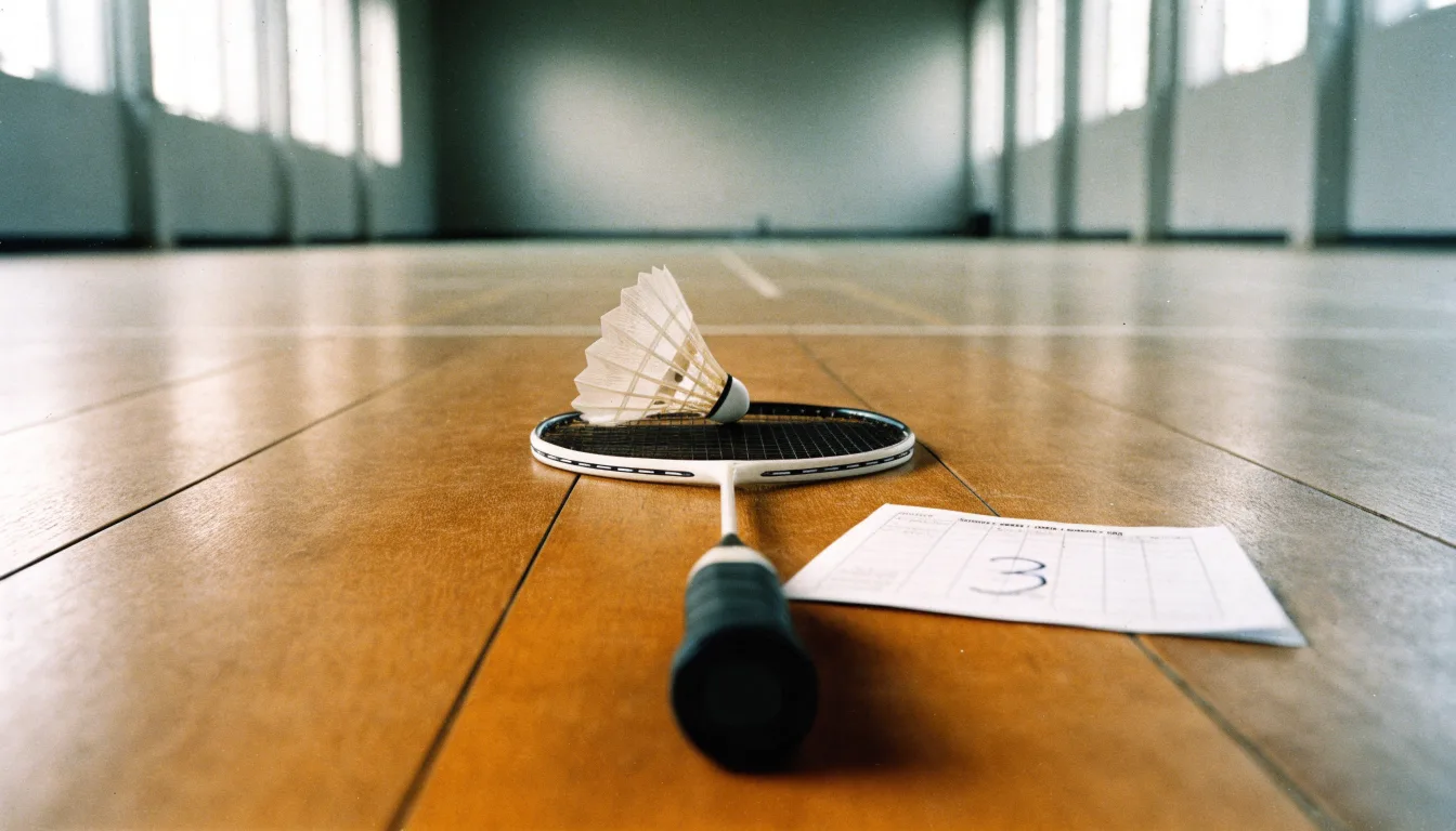 Ein Badmintonschläger liegt neben einem Federball auf dem hellen Hallenboden eines leeren Spielfelds.
