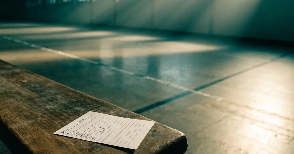 Zwei versetzte Startlinien aus Kreide auf dem Boden einer leeren Sporthalle, das Licht fällt schräg von der Seite.