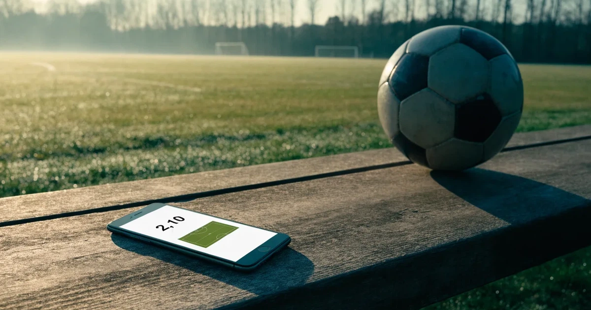 Ein Smartphone mit dunklem Bildschirm liegt neben einem Fussball auf einer Holzbank am Rand eines Trainingsplatzes im Morgenlicht.