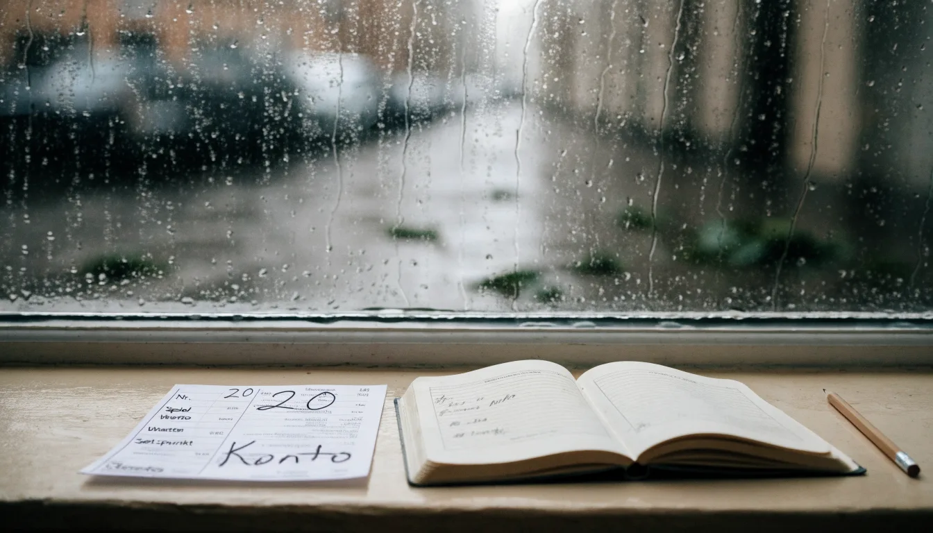 Ein Zeichenblock mit einem Bleistift und einem Radiergummi liegt auf einem Fensterbrett, draussen fällt Regen.