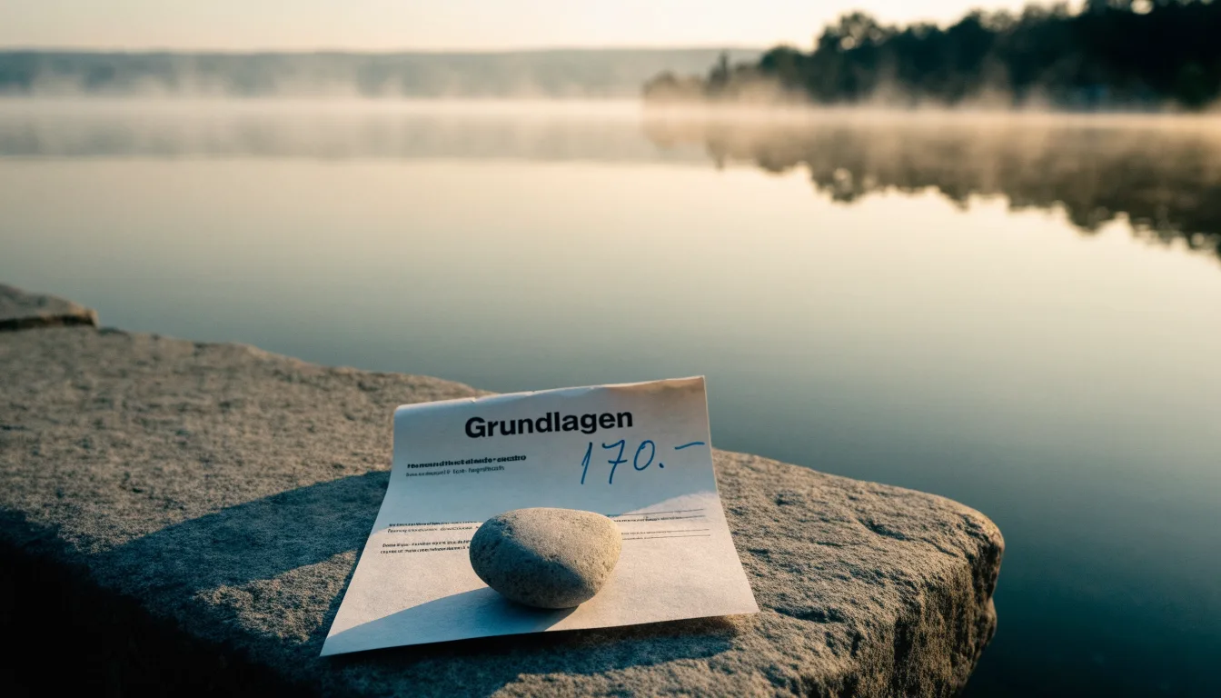 Ein Stapel flacher Kieselsteine liegt am Seeufer in der Morgendämmerung, das Wasser ist spiegelglatt.