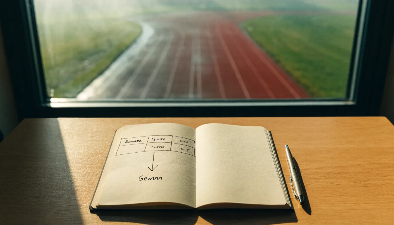 Eine leere Tartanbahn einer Leichtathletikanlage am frühen Morgen, Tau auf den Rasenflächen daneben und tiefstehende Sonne.