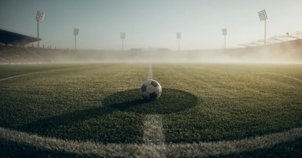 Ein Fussball liegt auf dem Anstosspunkt eines leeren Rasenplatzes im dichten Morgennebel.