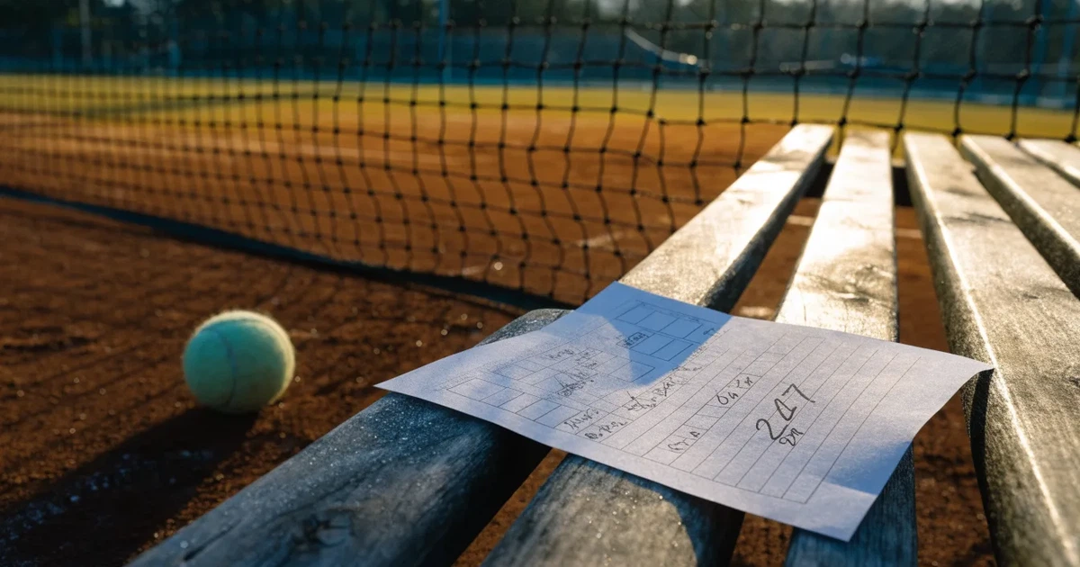 Ein Tennisplatz bei Sonnenaufgang mit gespanntem Netz und feuchtem Sandbelag, niemand steht auf dem Platz.