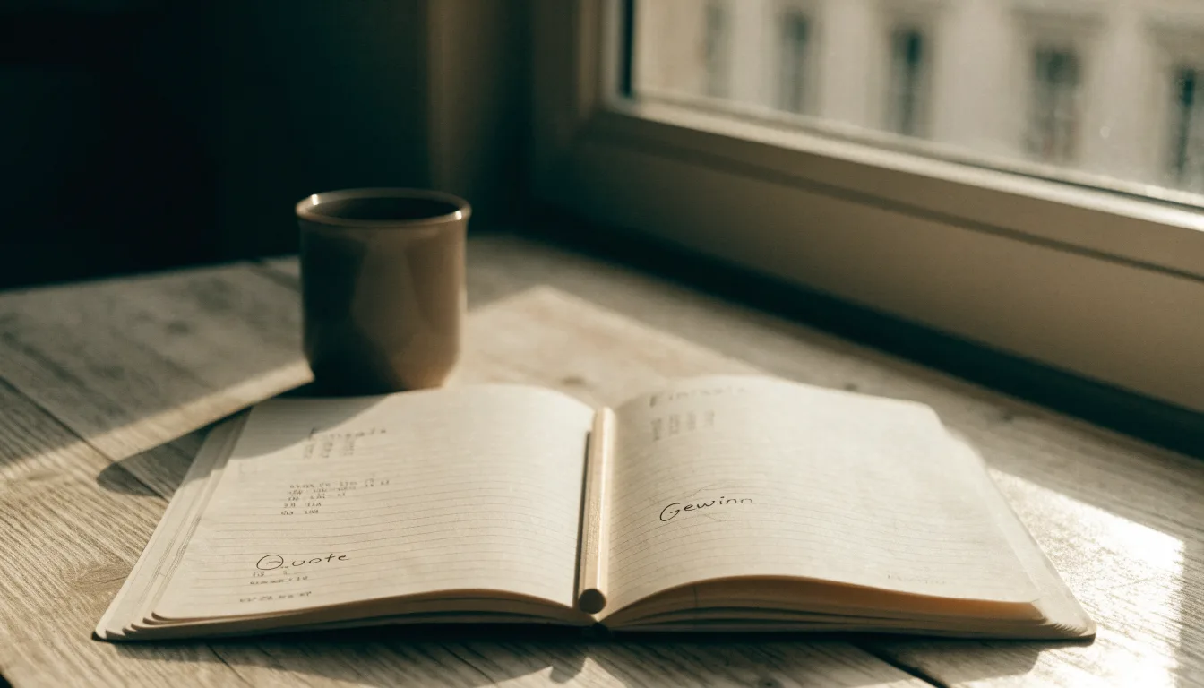 Ein aufgeschlagenes Notizbuch mit handschriftlichen Spalten und ein Bleistift liegen auf einem Holztisch neben einem Fenster.