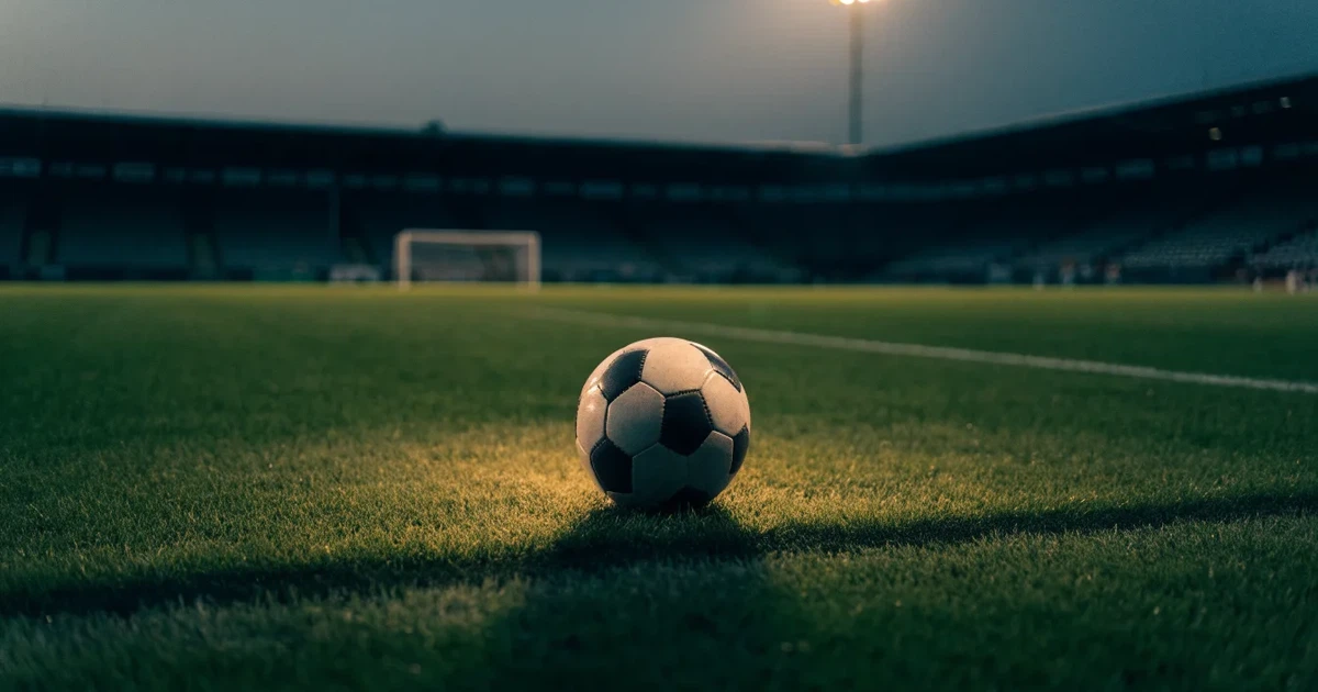 Ein Fussball liegt auf dem Anstosspunkt eines leeren Rasenplatzes, im Hintergrund glimmen Flutlichtmasten im Abendlicht.
