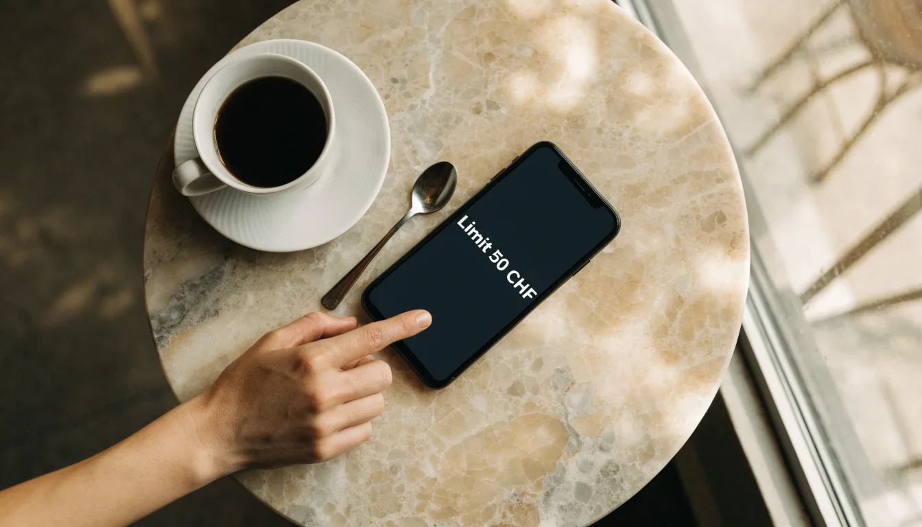 Ein Smartphone liegt mit der Rückseite nach oben auf einem Kaffeehaustisch neben einer Tasse und einem Löffel.