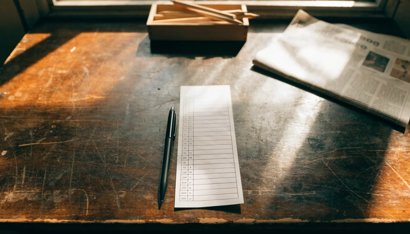 Ein unbeschriebener Papierwettschein und ein Kugelschreiber liegen auf einer hölzernen Ladentheke im Tageslicht.