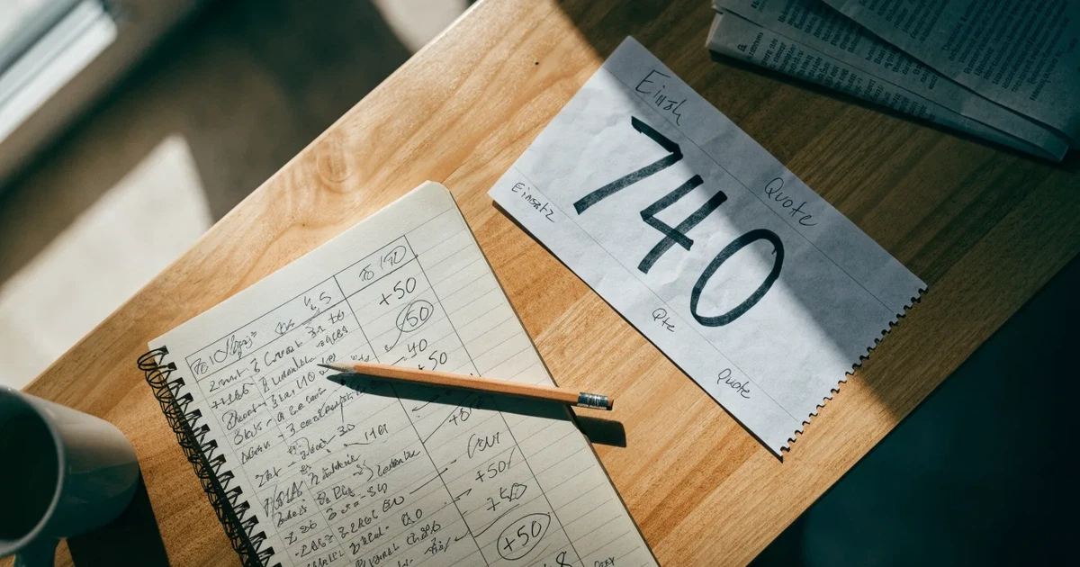 Ein Taschenrechner und ein Bleistift liegen auf kariertem Papier, auf dem nur handgezeichnete Striche und Kreise zu sehen sind.