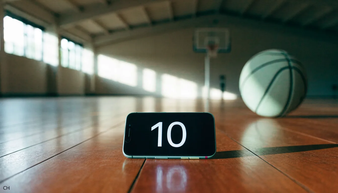 Ein Basketball ruht auf dem Parkett einer leeren Sporthalle, durch hohe Fenster fällt Tageslicht.