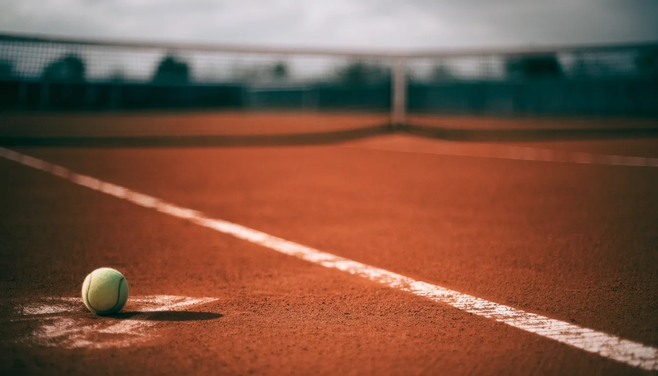 Ein Tennisball liegt auf rotem Sand neben einer verblassten Linie, das Licht ist weich.