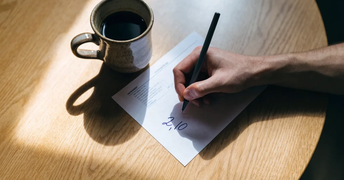 Eine Hand hält einen Stift über einem leeren Blatt, daneben eine Tasse Kaffee auf einem hellen Tisch.