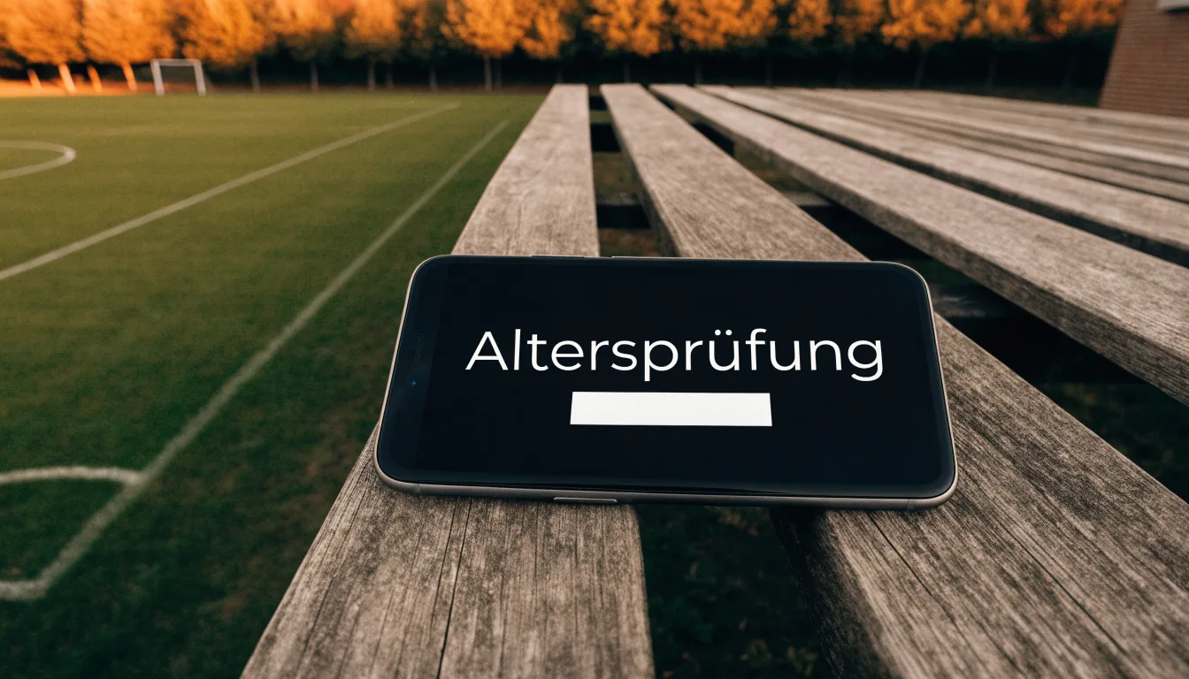Eine hölzerne Bank steht an der Seitenlinie eines leeren Sportplatzes, dahinter Bäume im Herbstlicht.