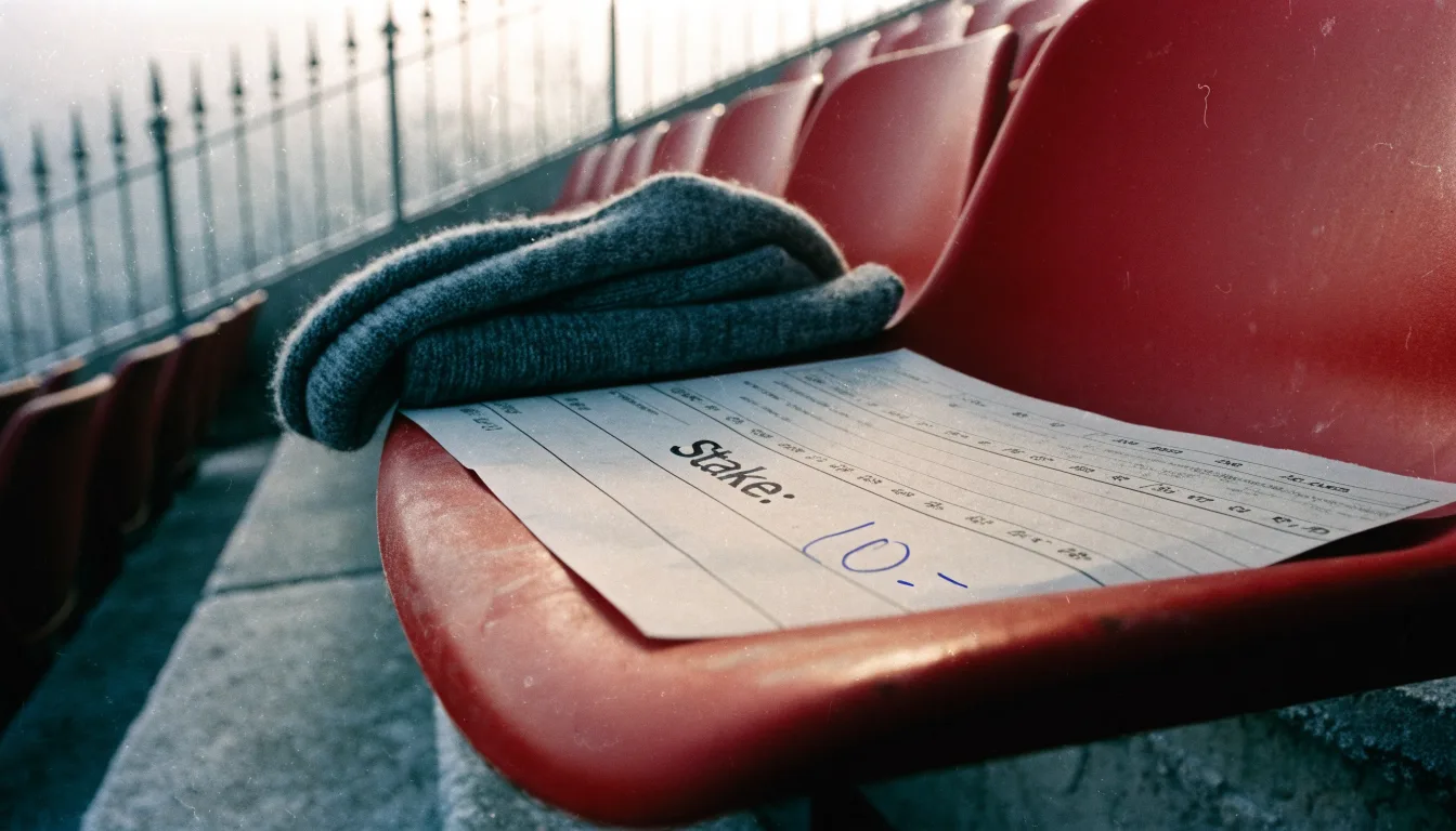 Ein grauer Wollschal und eine Thermoskanne liegen auf einem Sitz im winterlichen Stadion, Raureif liegt auf den Stufen.